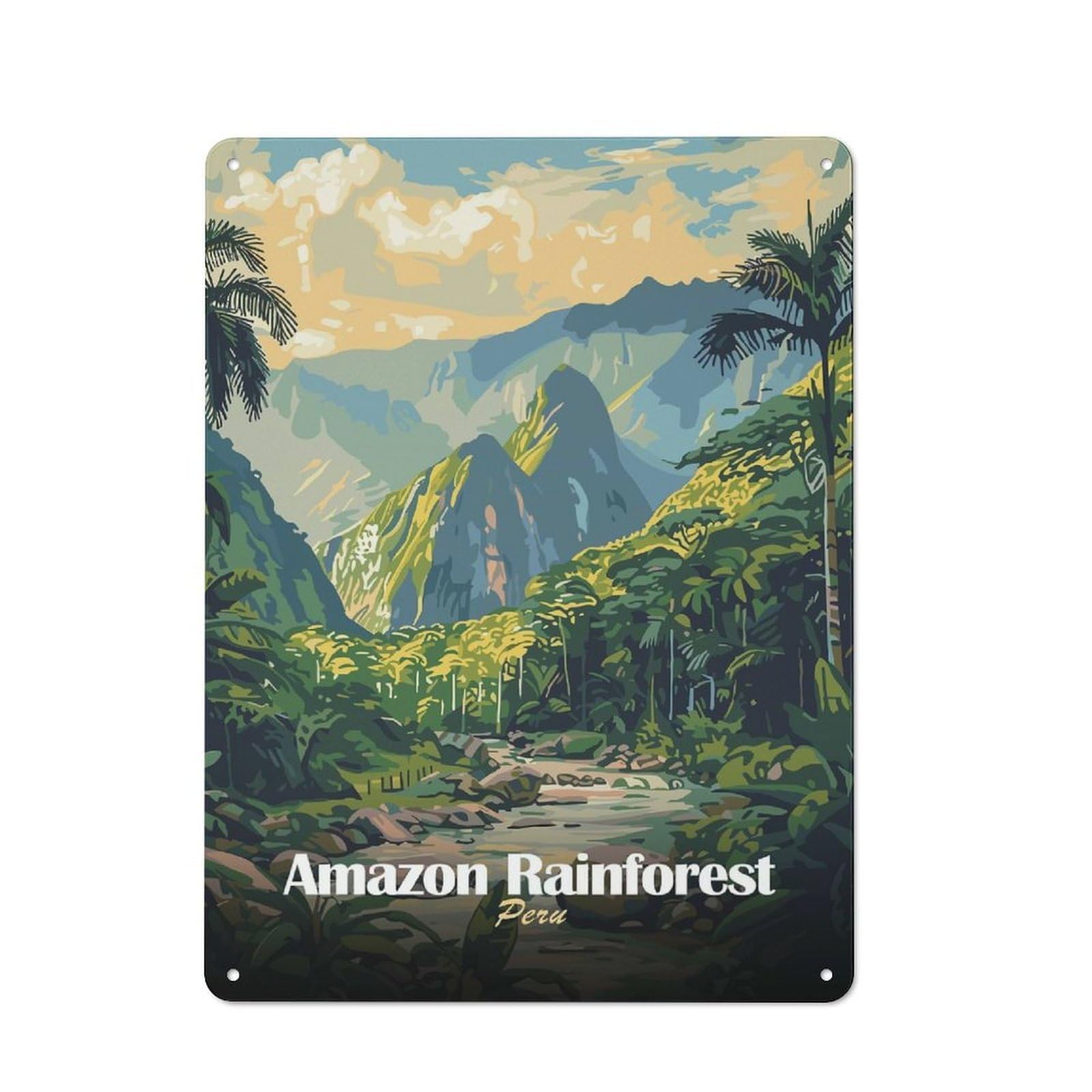 Vintage Metal Plaque 40x30cm Featuring Amazon Rainforest Peru Travel, Diner Style Decor for Restaurant, Kitchen, Counter Or Breakfast Nook