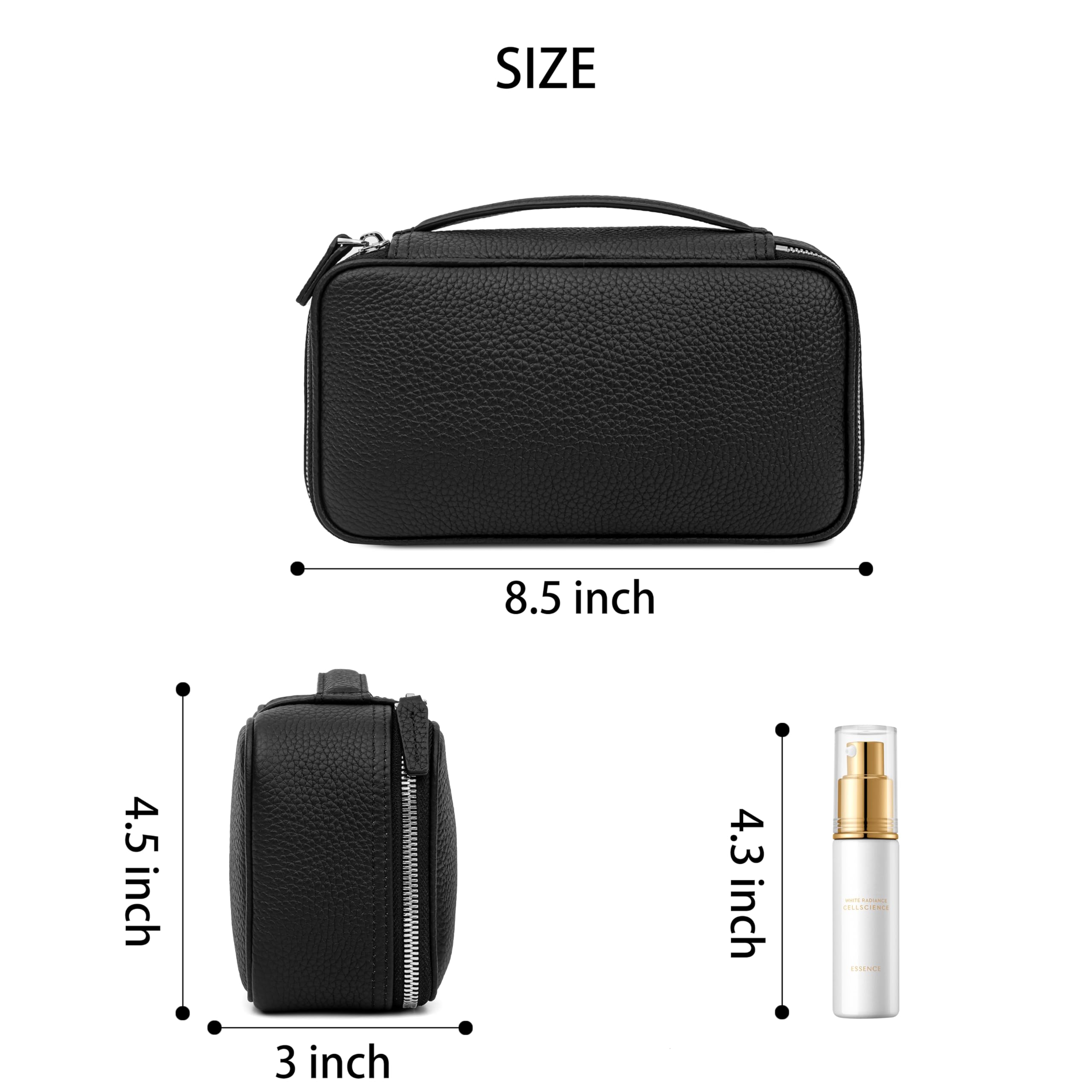 DORIS&JACKY Kosmetiktasche aus echtem Leder für Damen, kleine Make-up-Tasche für den täglichen Gebrauch, Schmuck und Hautpflege, Kulturbeutel, Organizer mit Reißverschluss und Griff, 1-schwarz