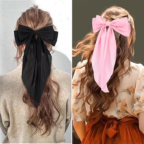 Miniatura 3 de 4 lazos para el cabello para mujer, lazos grandes para el cabello, lazos de satén sedoso negro, cintas para el cabello blanco y rosa, lazos para el