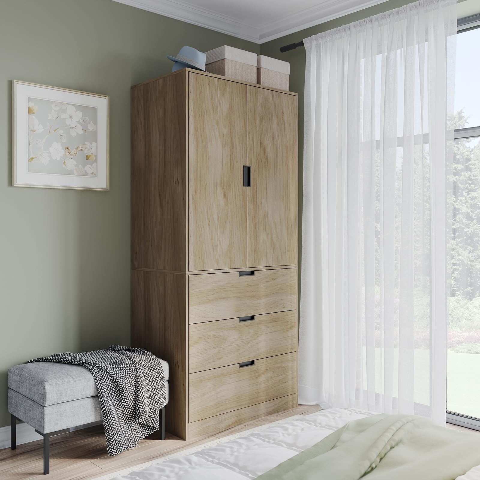 URBNLIVING Modern 2 Door Wardrobe with 3 Drawers & Hanging Rail, Stylish Freestanding Storage, Spacious Interior - Image 3