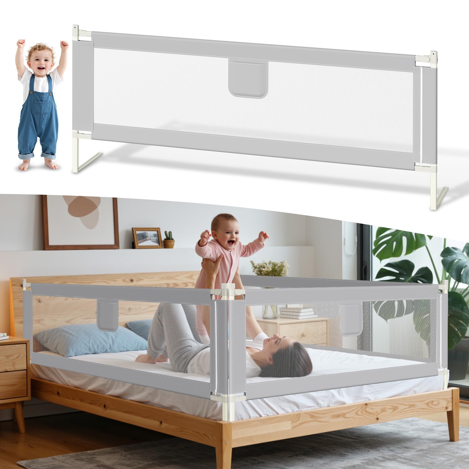 SWANEW Griglia di protezione per lettino da 180 cm, Sponde Letto Bambini per bambini e bambini, pieghevole, con rete ariosa, stabile e facile da montare, colore: Grigio