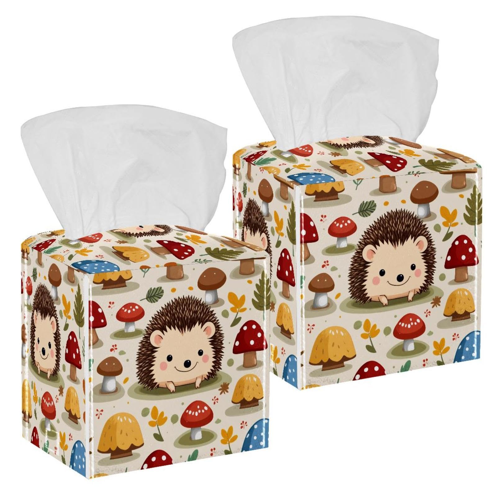 Hedgehogs Mushroom Tissue Box Cover, 2 Pack PU Leather Square Facial Tissue Dispenser Box holder for Home Office Car