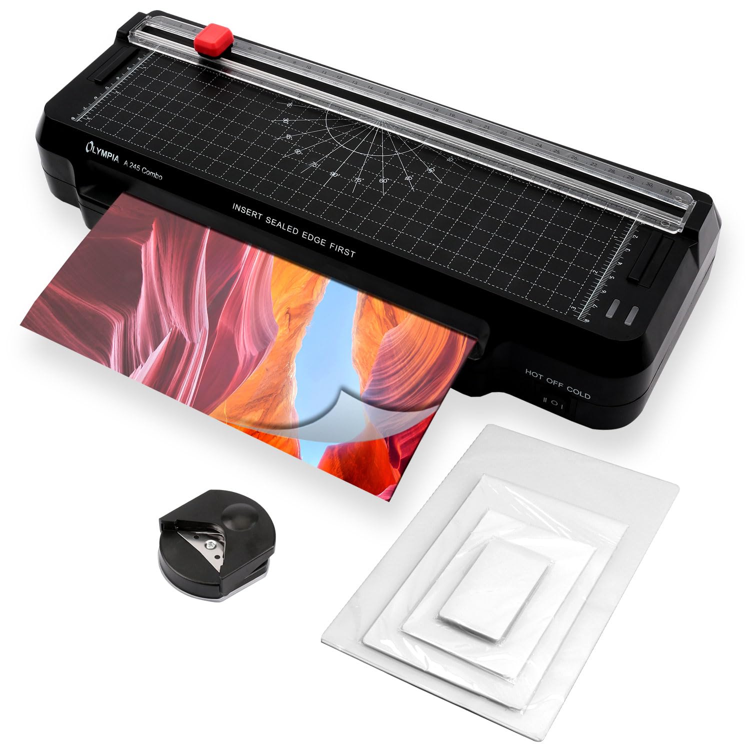 Olympia 4 in 1 Laminierset für A4 Laminator mit Papierschneider A245 Combo 4 in1 Laminiergerät + integriertes Schneidelineal + Laminierfolien-Set + Eckenrunder