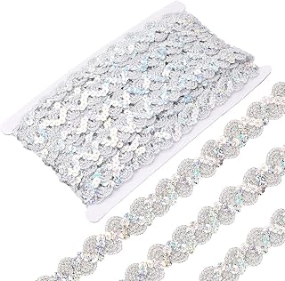 12 Yards Silver Sequin Trim Flat Sequins Beaded Strip Rick Rack Wave Gimp Woven Braided Trimming Metallic Glitter Zig Zag Bending Ribbon for Sewing Making Crafts Gift Wrapping Curtain Supply