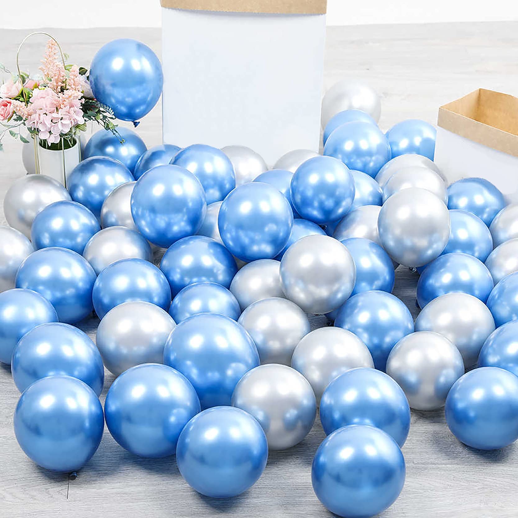 PARTY TIME - 50 Pieces 12" Metallic Chrome Latex Birthday Helium Shiny Balloons Thick Chrome Balloons for Wedding Birthday Baby Shower Christmas Carnival Party Decoration - Blue and Silver