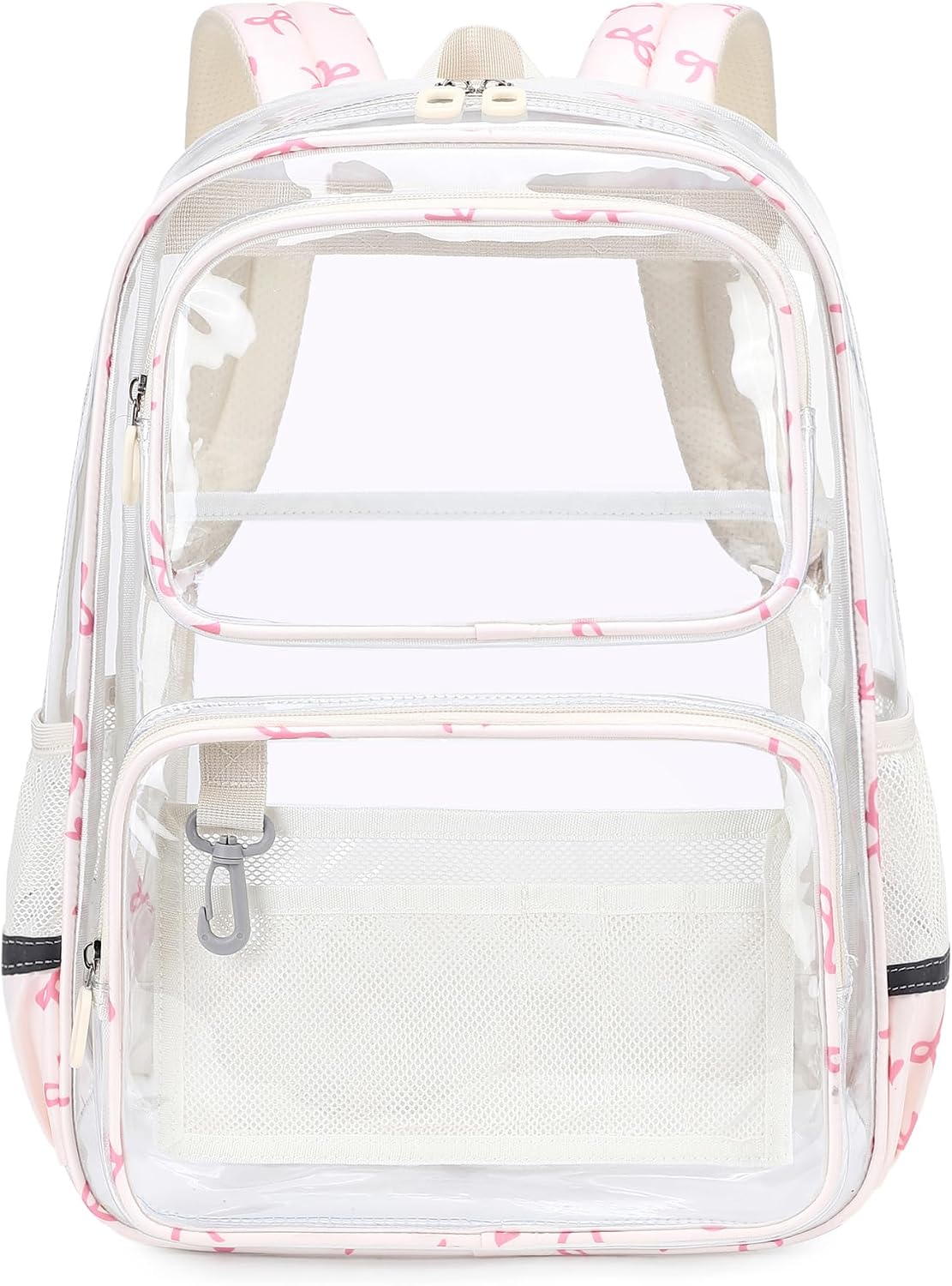 Sisipoet Clear Backpack for Girls with Bow Print, Heavy Duty Transparent Bookbag for School, Stadium, and Concert, Beige