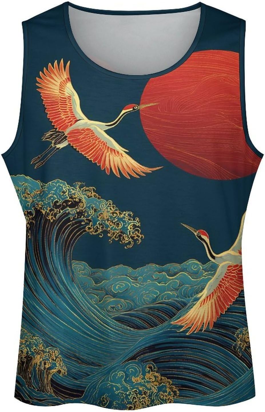 Japanese Crane Sea Waves Men Tank Top Workout Shirt Muscle T Shirt 5XL