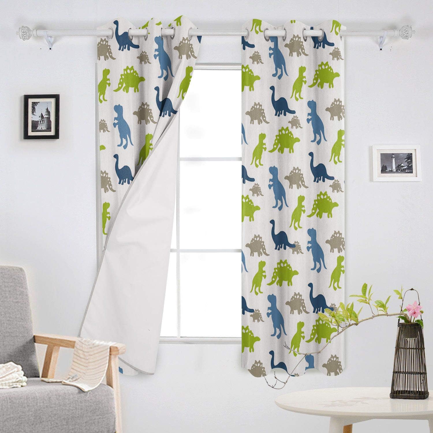 Libaoge Draperies & Curtains Dinosaur Curtain Panel Pair, Cute Cartoon Dinosaur Design Window Curtains for Solding Glass Door - Set of 2 Panels, 104" W by 52" L