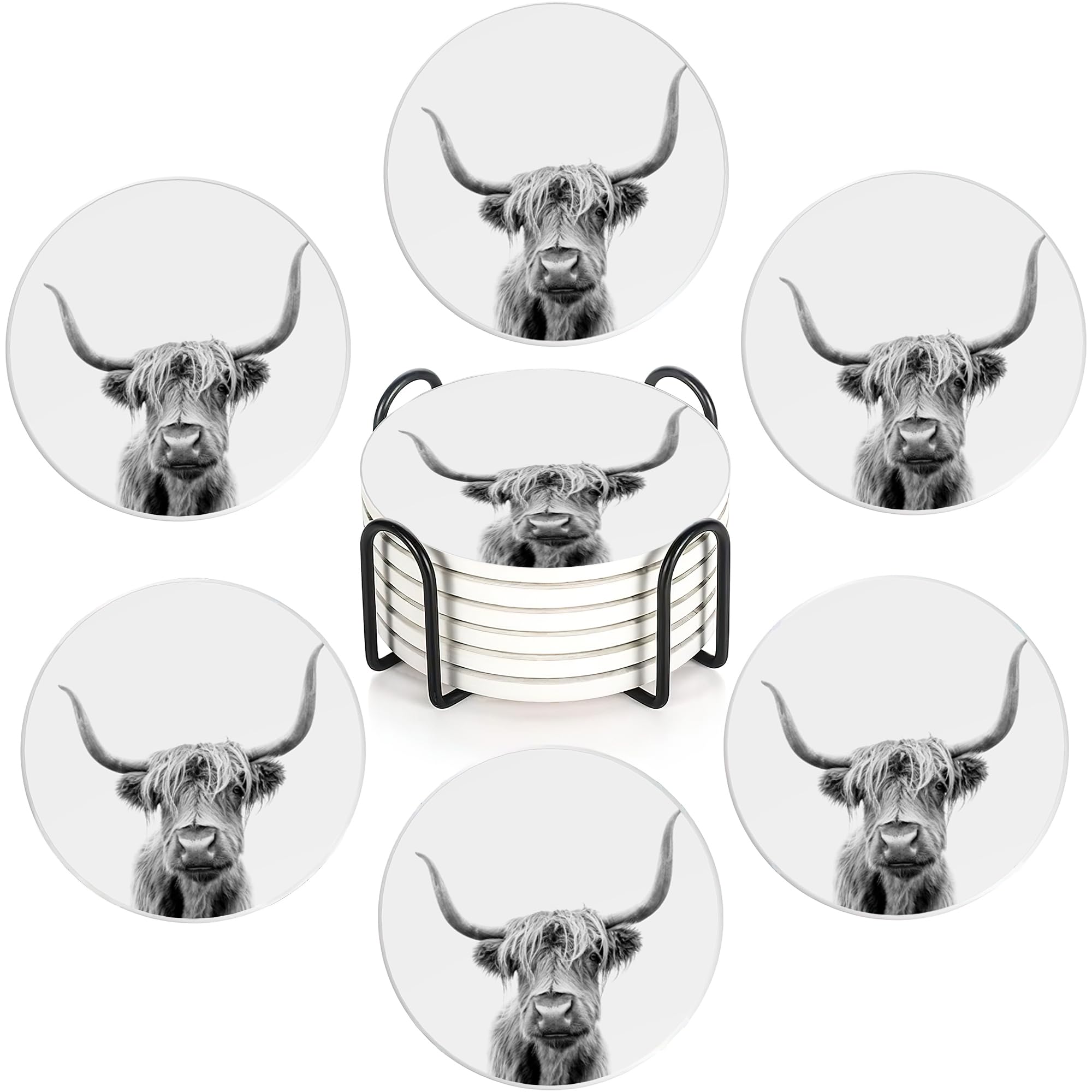 Highland Cow Set of 6 Absorbent Ceramic Coasters with Cork Base & Holder,10cm Round Drink Mats for Mugs, Wine Glasses - Spill Protection for Wood/Glass Tables