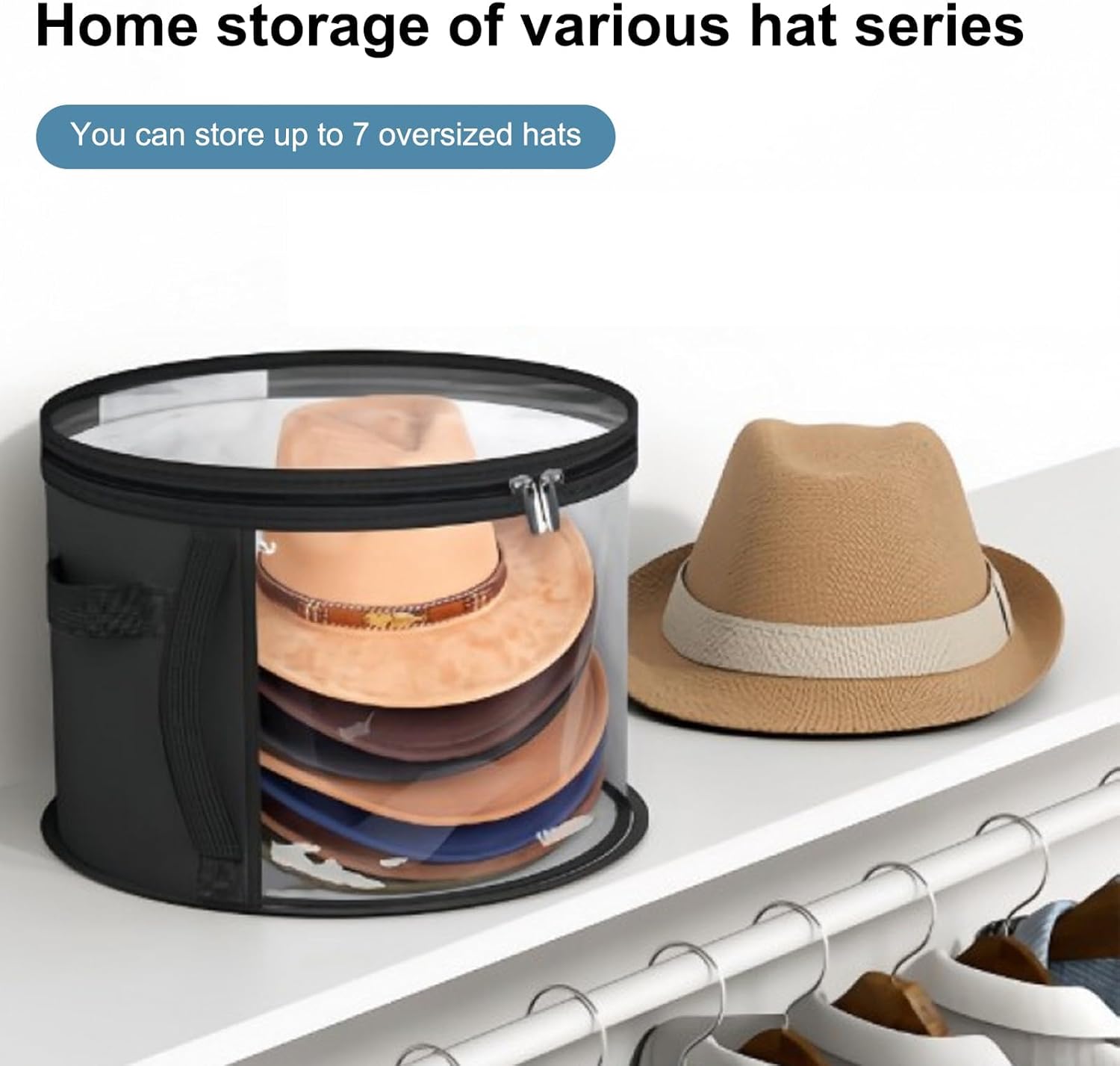 2Pcs Clear Oversized Hat Storage Bag for Women,Cowboy Hat Wide Brims Hat Organizer,Wide Brims Hat Box with Carrying Handles, Foldabletravel Hat Boxes Storage Baseball Cap,Black