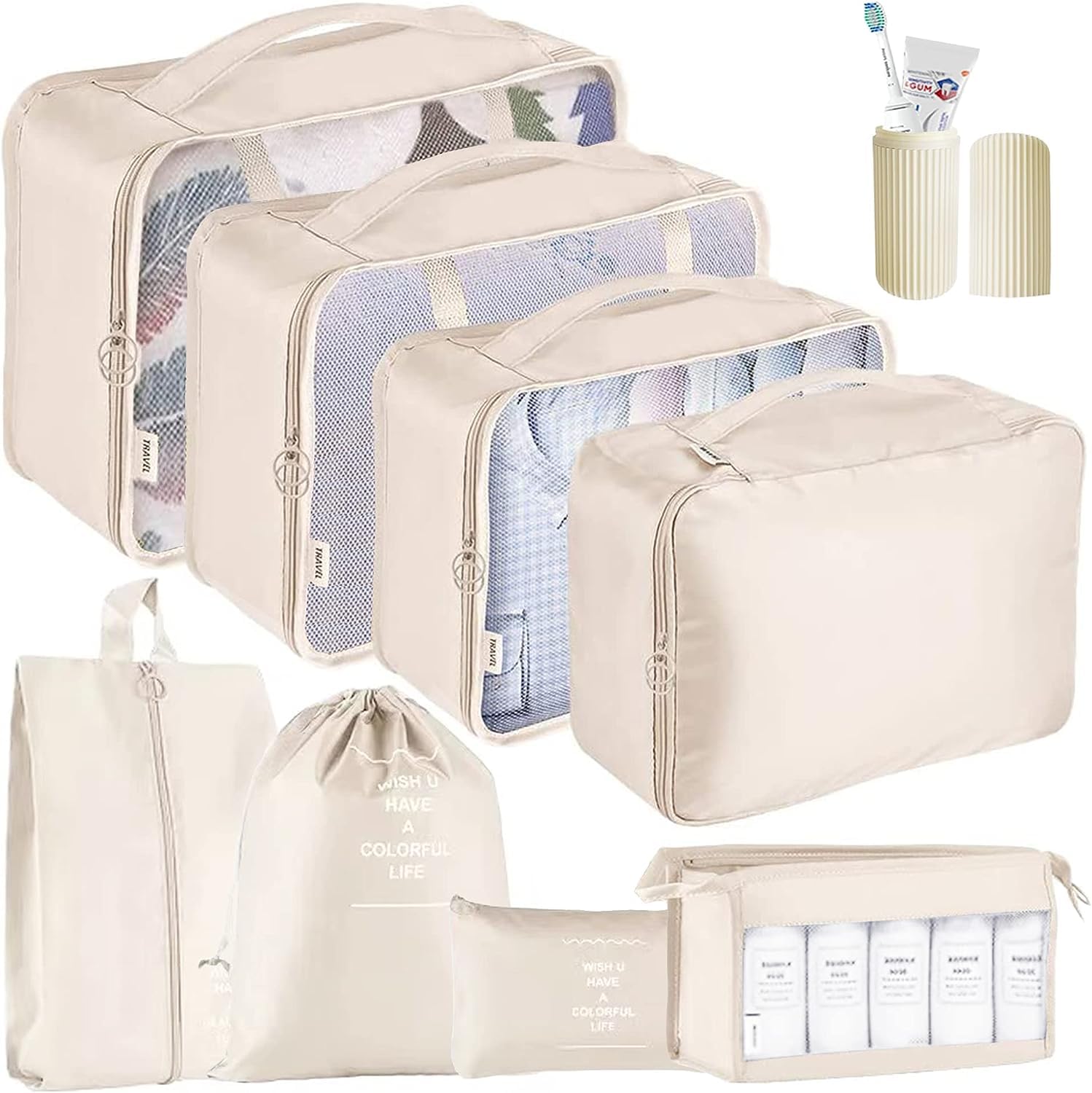 OCEANEVO9 Pcs Packing Cubes, Travel Luggage Organizer for Men and Women, Toiletry Bag, Packing Cubes for Travel With Tooth Brush Holder- Set of 9 - Beige