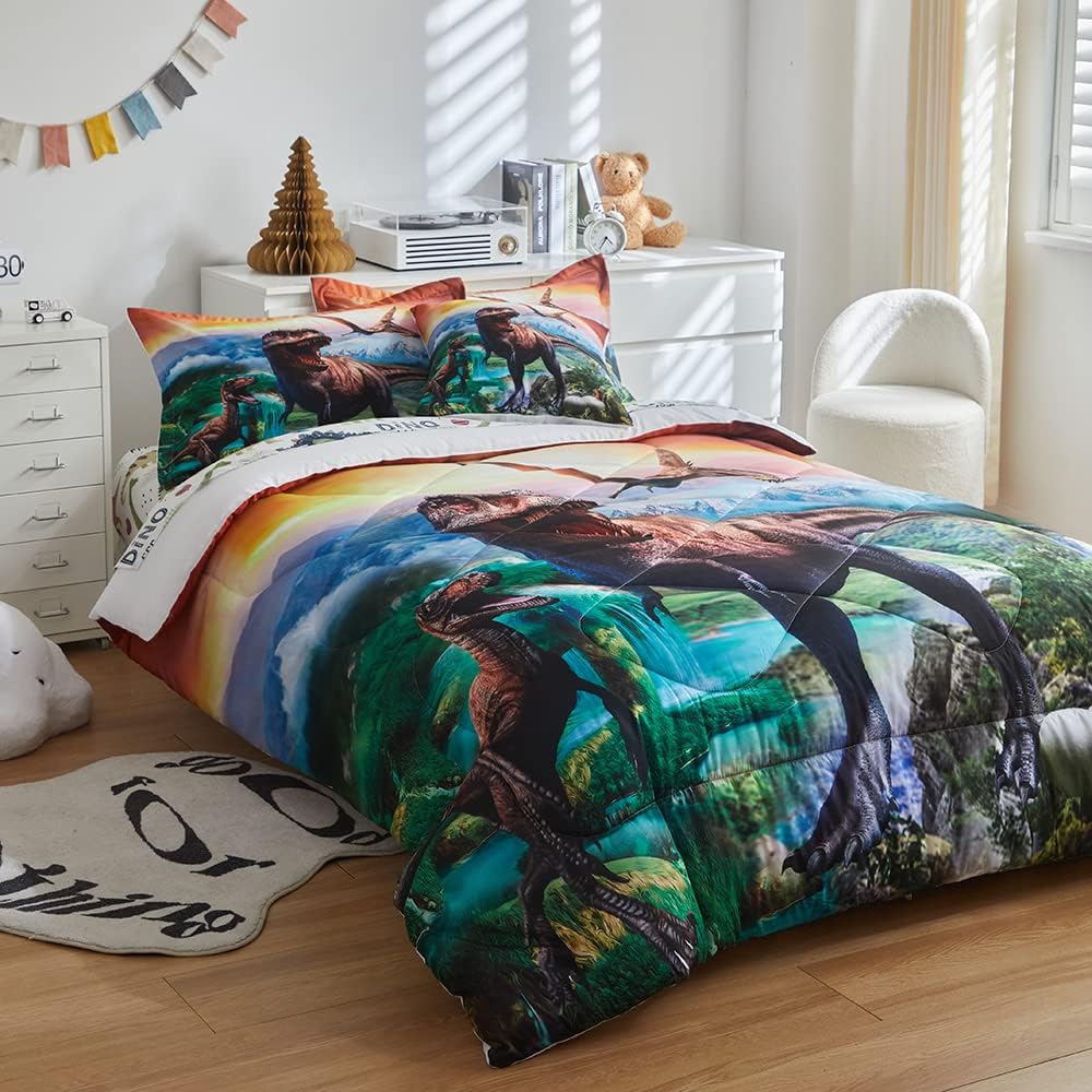 ADASMILE A & S Dinosaur Comforter Set - Twin Bedding Set for Kids - 6 Pieces with Sheets, T-Rex Dinosaur Comforter and Sheets Set for Home Decor