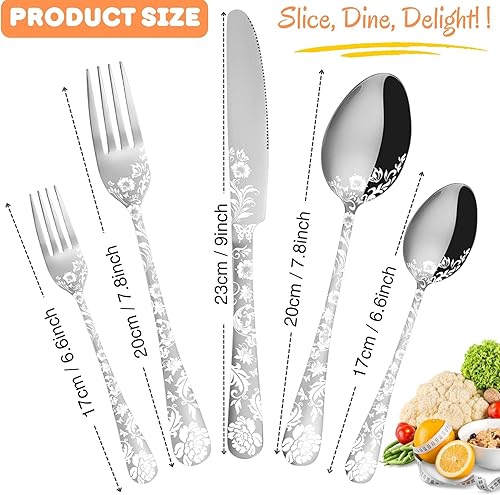Miniatura 2 de Vilihkc Juego de cubiertos de 20 piezas con diseño de flores de peonía, juego de cubiertos de acero inoxidable para 4, juego de cubiertos plateados,