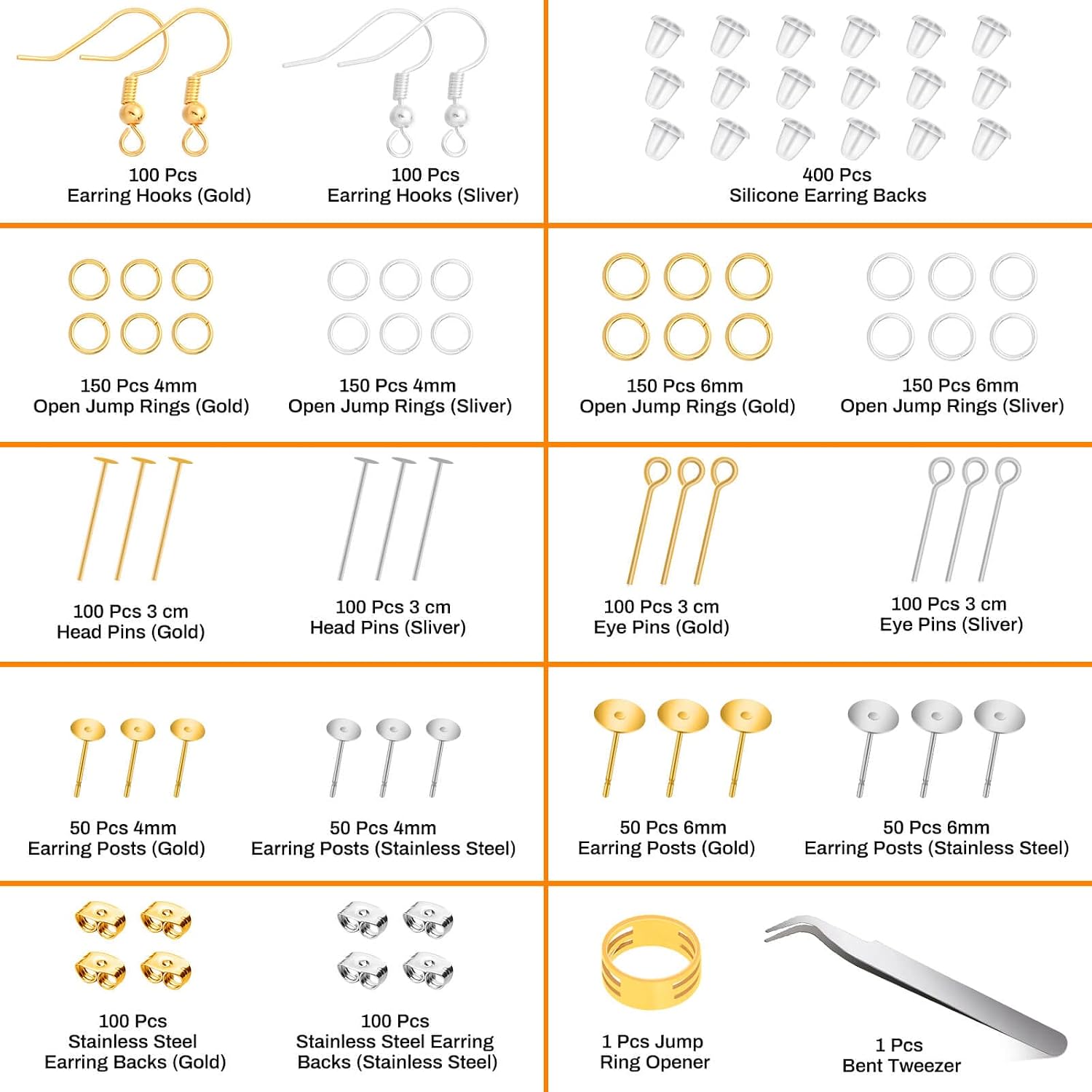 Modacraft 2000Pcs Earring Making Supplies Kit - Hypoallergenic, Includes Hooks, Findings, Posts, Backs, Pins, Jump Rings for Jewelry Making