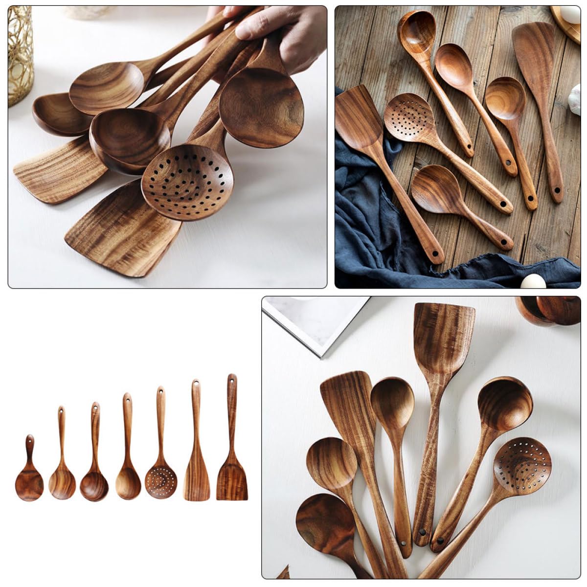 Set 7 Pezzi Cucchiai in Legno di Acacia per Cucina, Palette e Cucchiaini Compatti per Uso Domestico, Utensili Versatili con Manico Ergonomico per Mescolare e Servire