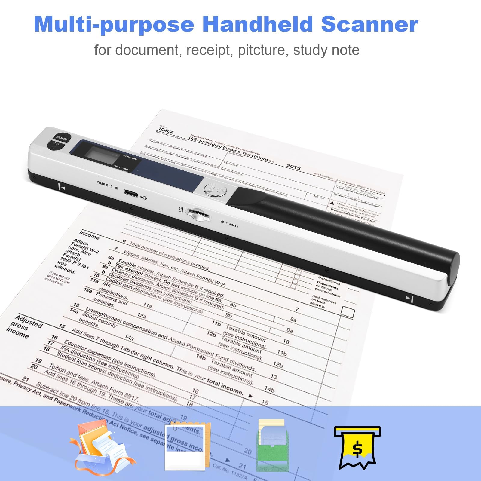 Scanner de Documents Portable, Mini Scanner de Photos Portable 900 DPI, Baguette de numérisation Couleur A4 Haute Vitesse, Scanner Portable Rechargeable par USB, Comprend Une Carte SD 16 Go (Argent)