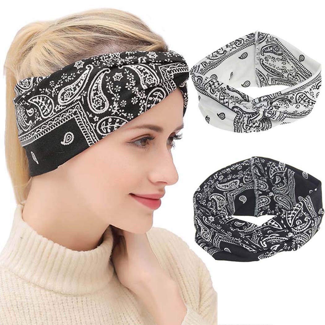 Victray Boho Headbands Vintage Flower Elastic Headwraps Sports Printed Hair Bands Fashion Headpieces Hair Accessories for Women and Girls (2 PCS)