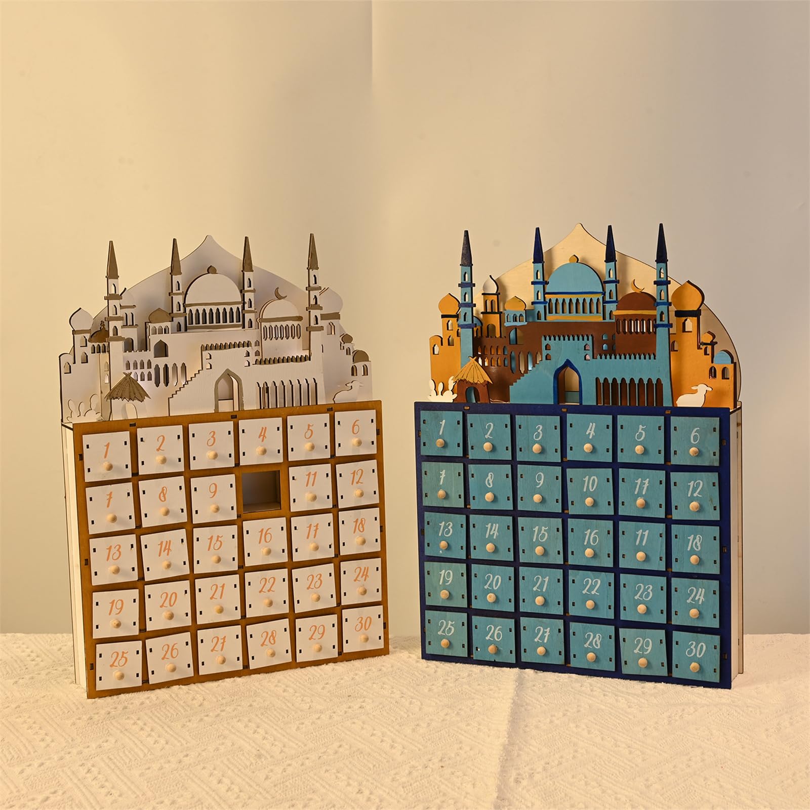 Eid Ramadans - Calendario de cuenta regresiva de madera con luz LED y 30 cajones pequeños, decoración de Adviento para fiestas islámicas