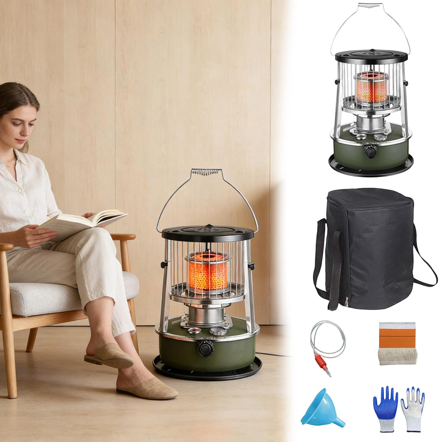 9000 BTU Kerosene Heaters for Indoor Use, Portable Heater for Camping Cordless, Kerosene Heater Indoor/Outdoor, Non-Electrics Indoors Outdoor Heaters for Camping Cooking Home Garage (Green)