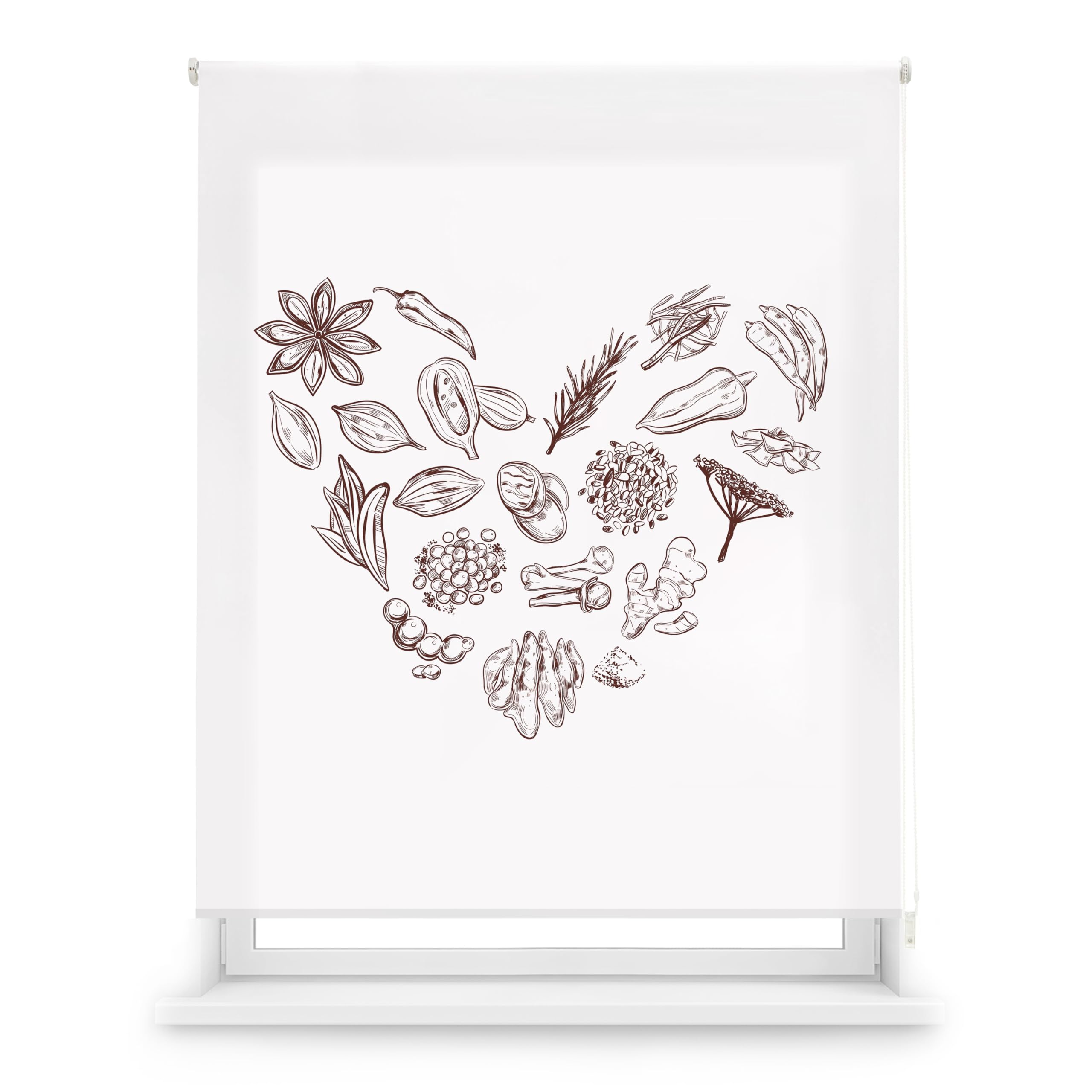 Blindecor Digital | Estor Enrollable Translúcido Estampado |Familia Cocina| Modelo C-HEARTSPICE | 130 x 180 cm (Ancho por Alto) Tamaño de la Tela 126 x 175 cm | Estores para Ventanas