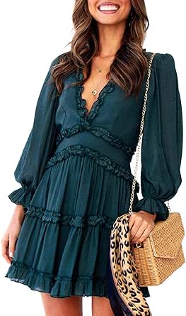 Happy Sailed Womens Summer Long Sleeve Dress 2023 Deep V Neck Ruffle Layer Swing Mini Dresses