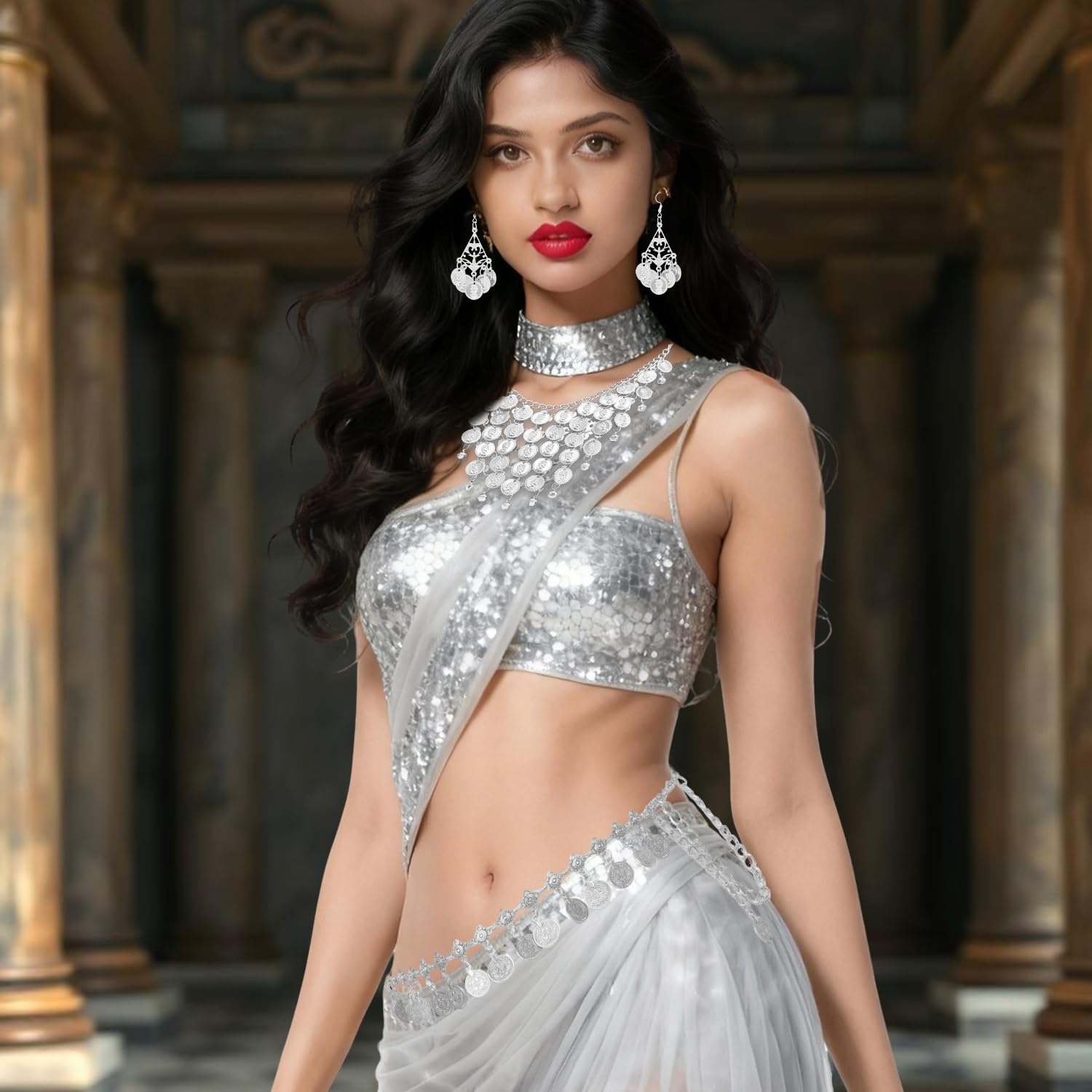 DIPZO Egyptian Costume Accessories Silver Hair Clips and Necklace for Cleopatra Party and Belly Dance Festival Performance - Image 2
