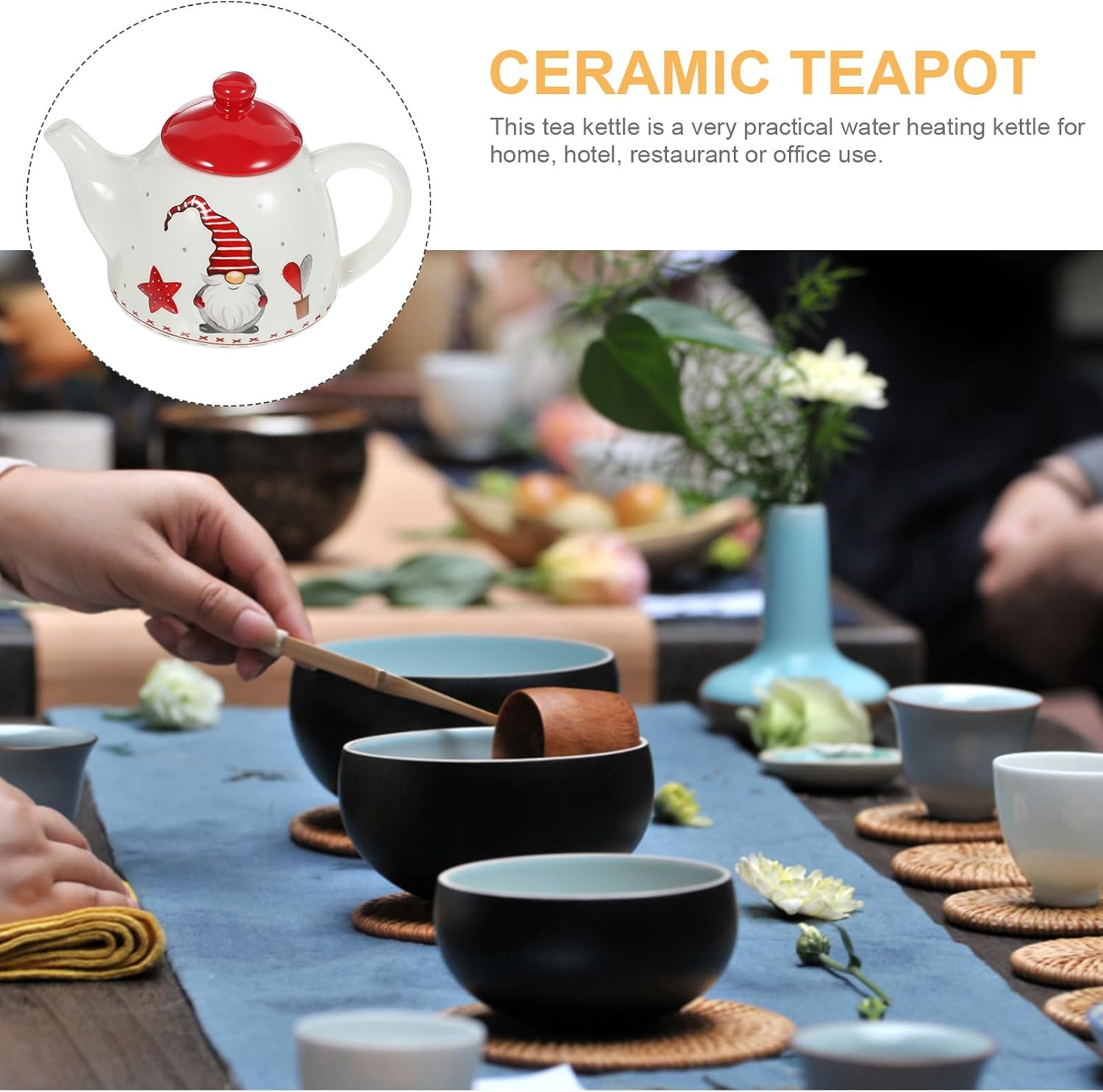 Hemoton Christmas Gnome Teapot Porcelain 17 Oz Ceramic Tea Kettle Nordic Holiday Serveware Festive Xmas Party Centerpiece