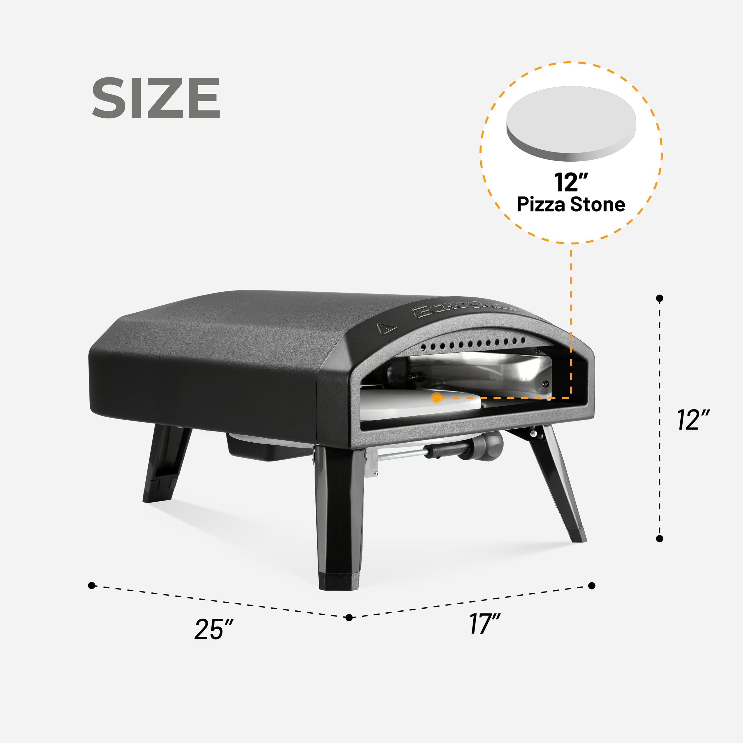 EchoSmile Forno per pizza a gas da 30,5 cm, fornello per pizza a propano raggiunge 510 °C, cottura rapida 60 secondi, include tubo del gas, manopola di controllo della fiamma, manico per calore esteso