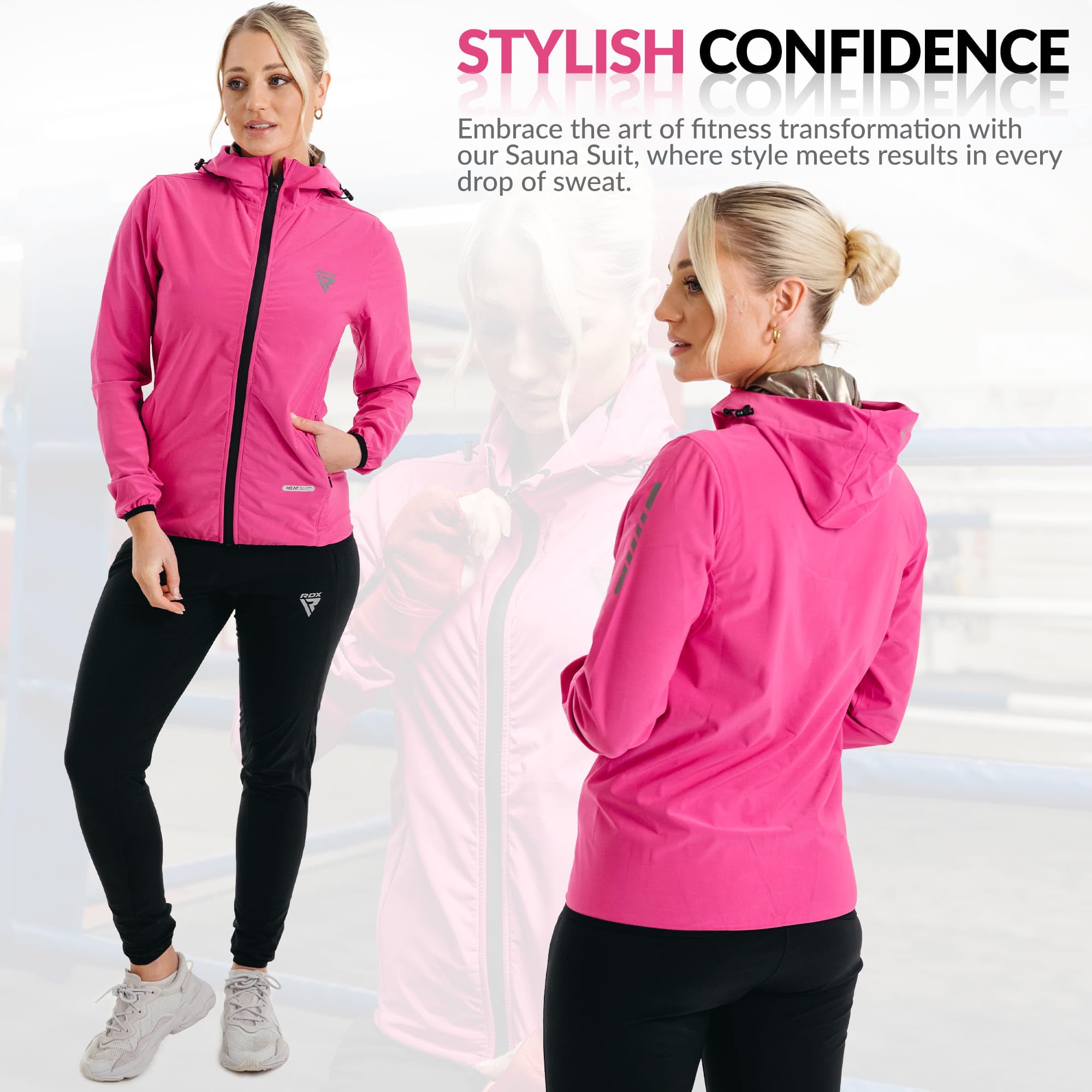 RDX Traje Sauna Mujer Adelgazante, Cumple con Reach Oeko Tex 100 Certificado Sudor Chándal con Capucha, Trajes Sudoración Deportiva Fitness Boxeo Yoga Running Gimnasio, Conjunto de Pantalón Superior