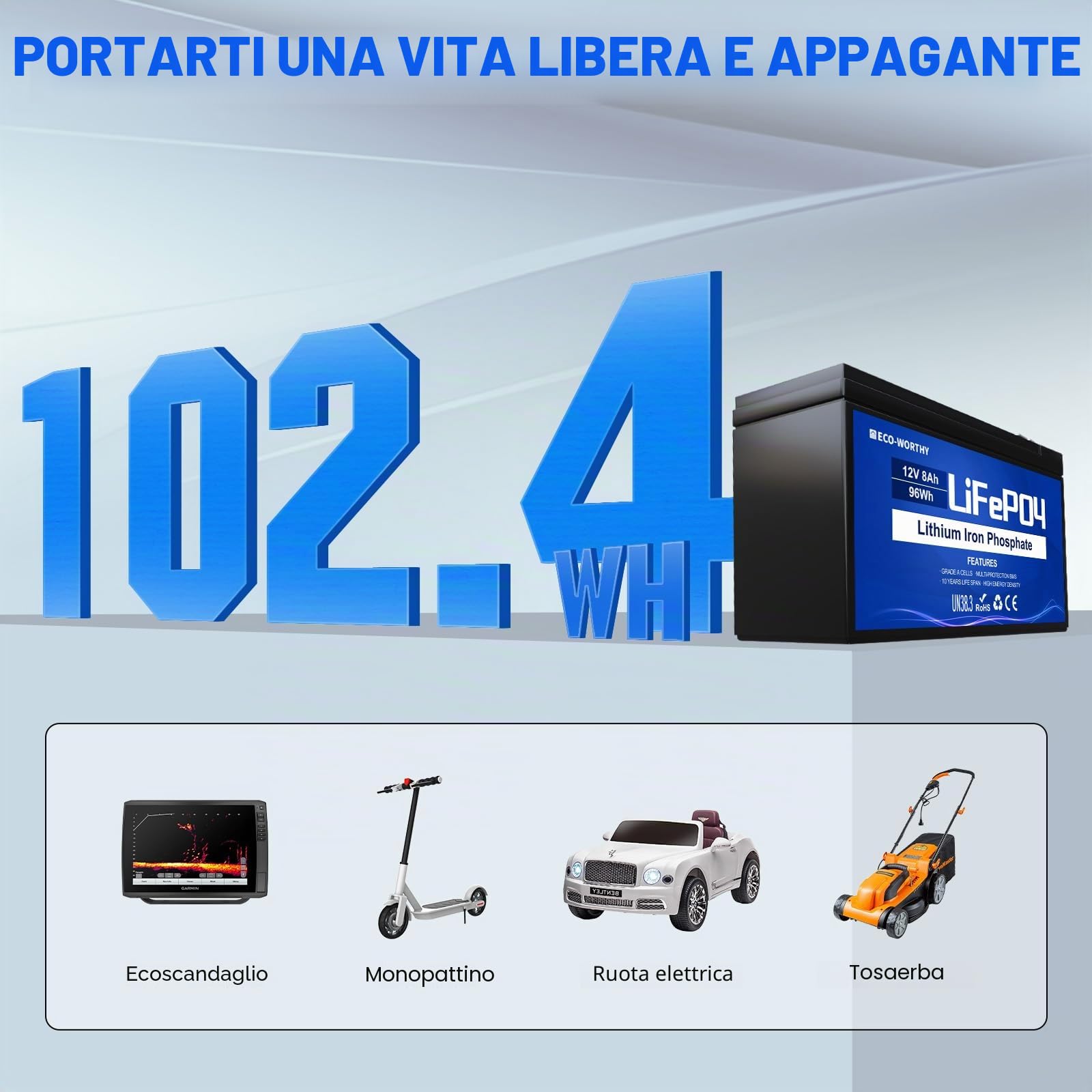 ECO-WORTHY Batteria LiFePO4 12V 8AH, batteria al litio a ciclo profondo con BMS da 8A, con oltre 4000 cicli, per solare, localizzatore di pesci, ruote di potenza, illuminazione, sistema di allarme