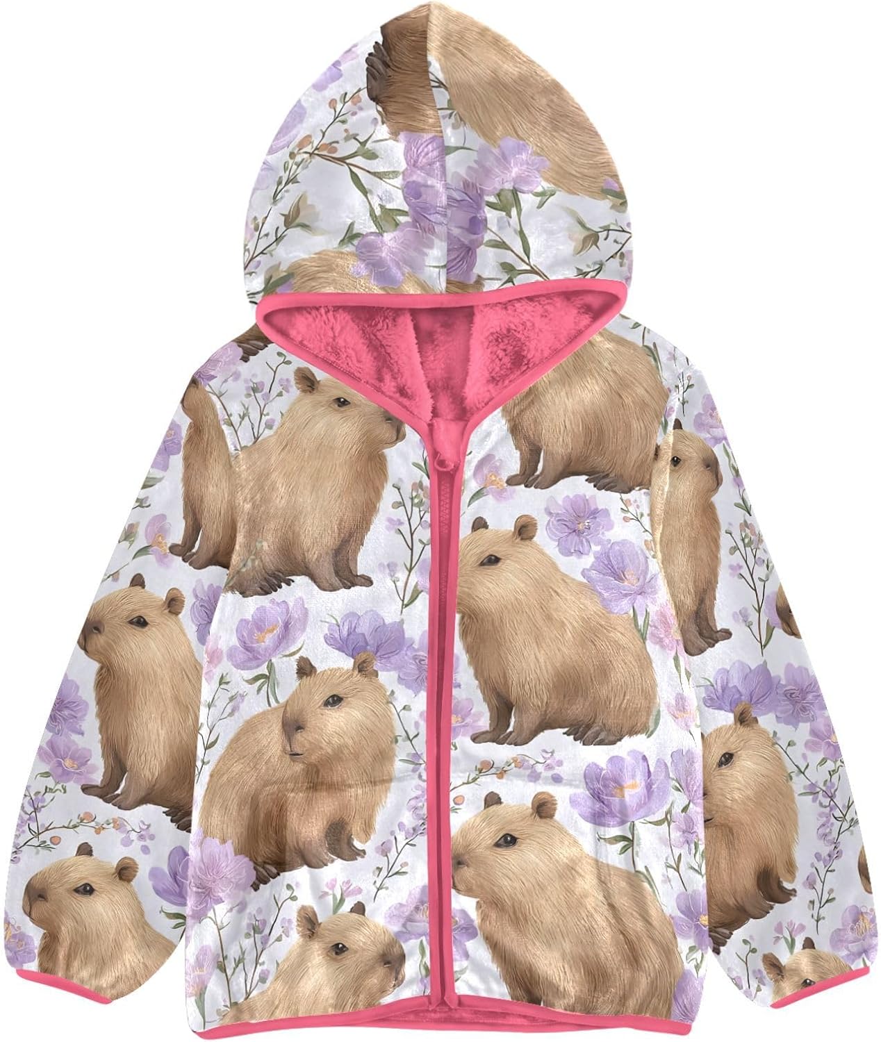 Girls Hoodie Outfit Capybara Purple Flowerpattern Zipper Sweatshirt Coat Fleece Jacket for Kids 3-10T