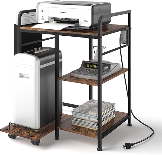 Home Printer Stand with Charging Station, 24x18 Inches Stands for Large Printer, Printer Shredder Stand with Storage for Home Office, Table for Fax Machine/PC Tower (Rustic Brown)