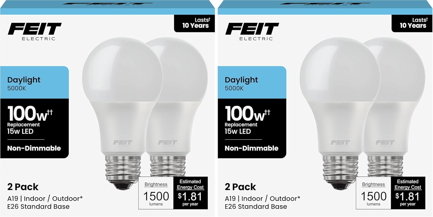 Feit Electric A19 LED Light Bulbs, 100W Equivalent, Non Dimmable, 1600 Lumens, E26 Standard Base, 5000k Daylight, 80 CRI, 10 Year Lifetime, Energy Efficient, 4 Pack, A1600/850/10KLED/2
