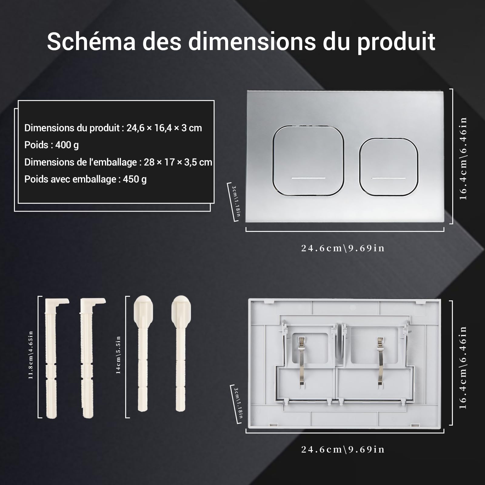 Plaque de Chasse de Remplacement WC compatible avec la série Geberit Sigma UP300 et UP320, Double Chasse 245×164 mm,115770115 | Mat (gris argenté)