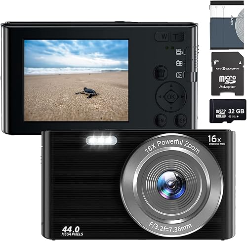 Acuvar Cámara digital compacta de apuntar y disparar de 44 MP, zoom digital de 16X, pantalla de 2.4 pulgadas y tarjeta SD de 32 GB, cámara de