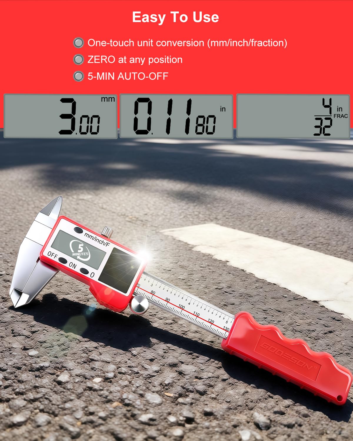 GODESON Calibrador digital alimentado por energía solar, calibradores digitales de 6 pulgadas con precisión de 0.000 pulgadas, acero inoxidable, 3 unidades/mm/fracción, 5 modos incluyendo diferencial