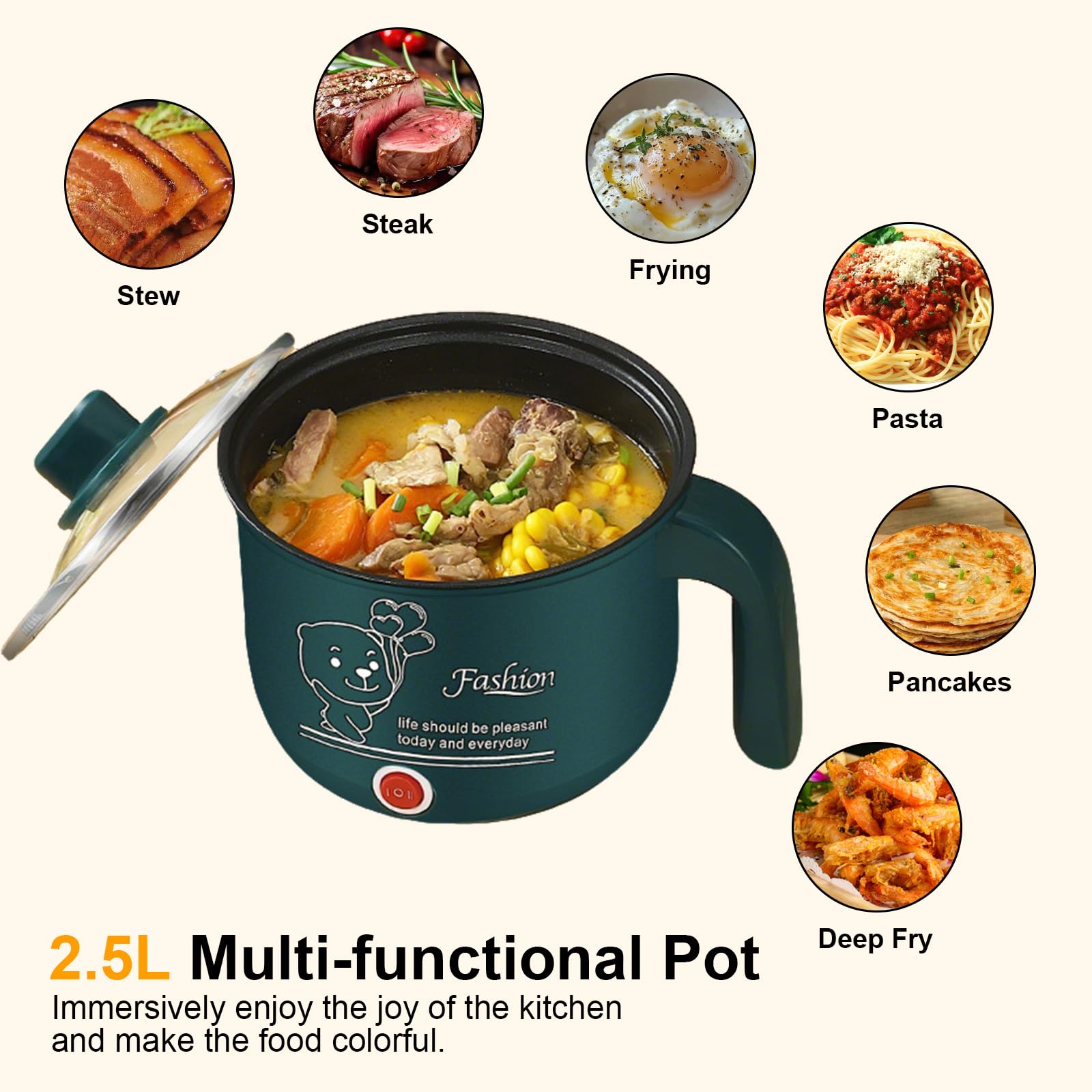 Mini Hot Pot Ramen Cooker, Pentola elettrica da viaggio, Padella elettrica portatile multiuso, Per dormitorio dell'home Office, Lnclude vaporiera in acciaio inox(300W/600W, Verde, 1.8L)