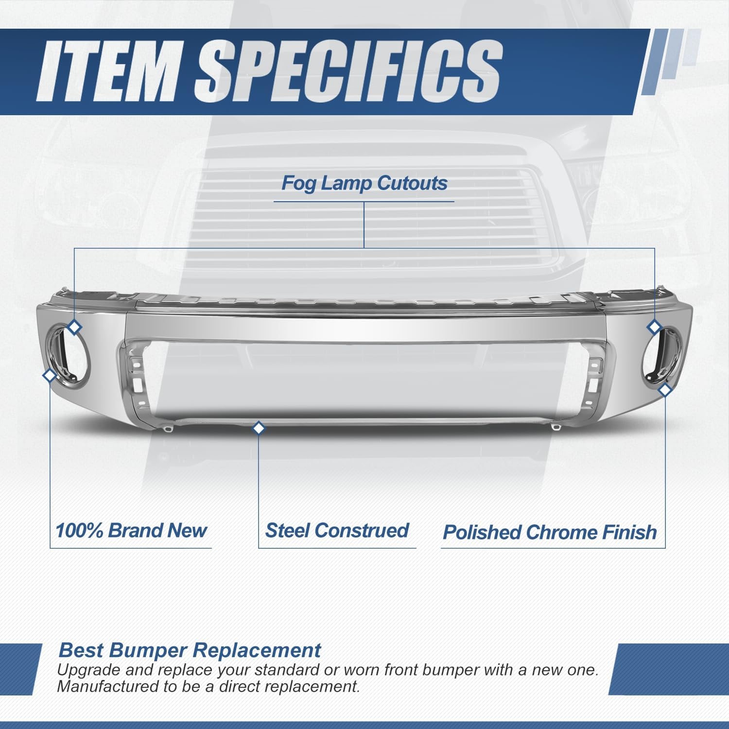 Auto Dynasty Front Bumper Impact Face Bar Compatible with 2007-2013 Toyota Tundra, Non Parking Sensor Holes, Polished Chrome TO1002182