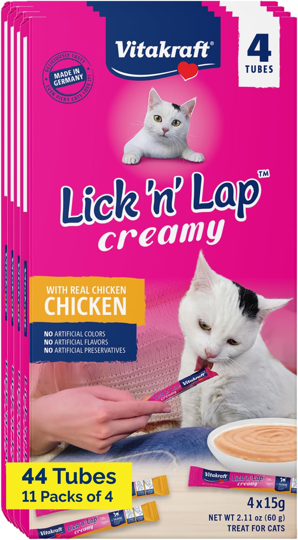 Vitakraft Lick 'N' Lap Real Chicken Squeezeable Liquid Cat Treats, Lickable, Chicken Broth #1 Ingredient, No Artificial Colors, Preservatives or Added Sugar, for Hydration, 0.52 oz. Tubes, 44 Count