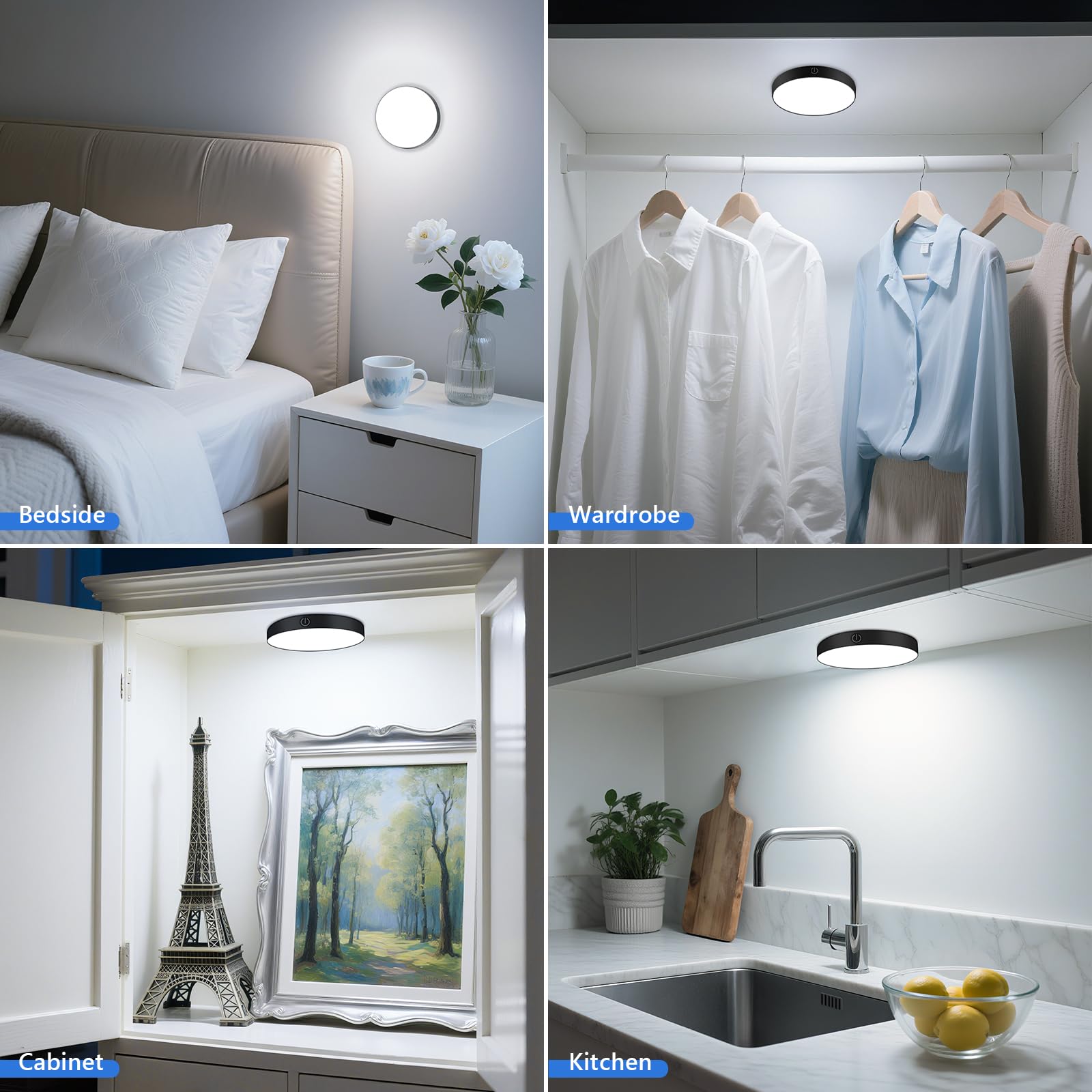 Ferswe Luce notturna ricaricabile 6000K, luce tattile dimmerabile con batteria grande da 1000 mAh, luminosità regolabile, luci da attaccare per armadio, armadietto, bancone, cucina (confezione da 2)