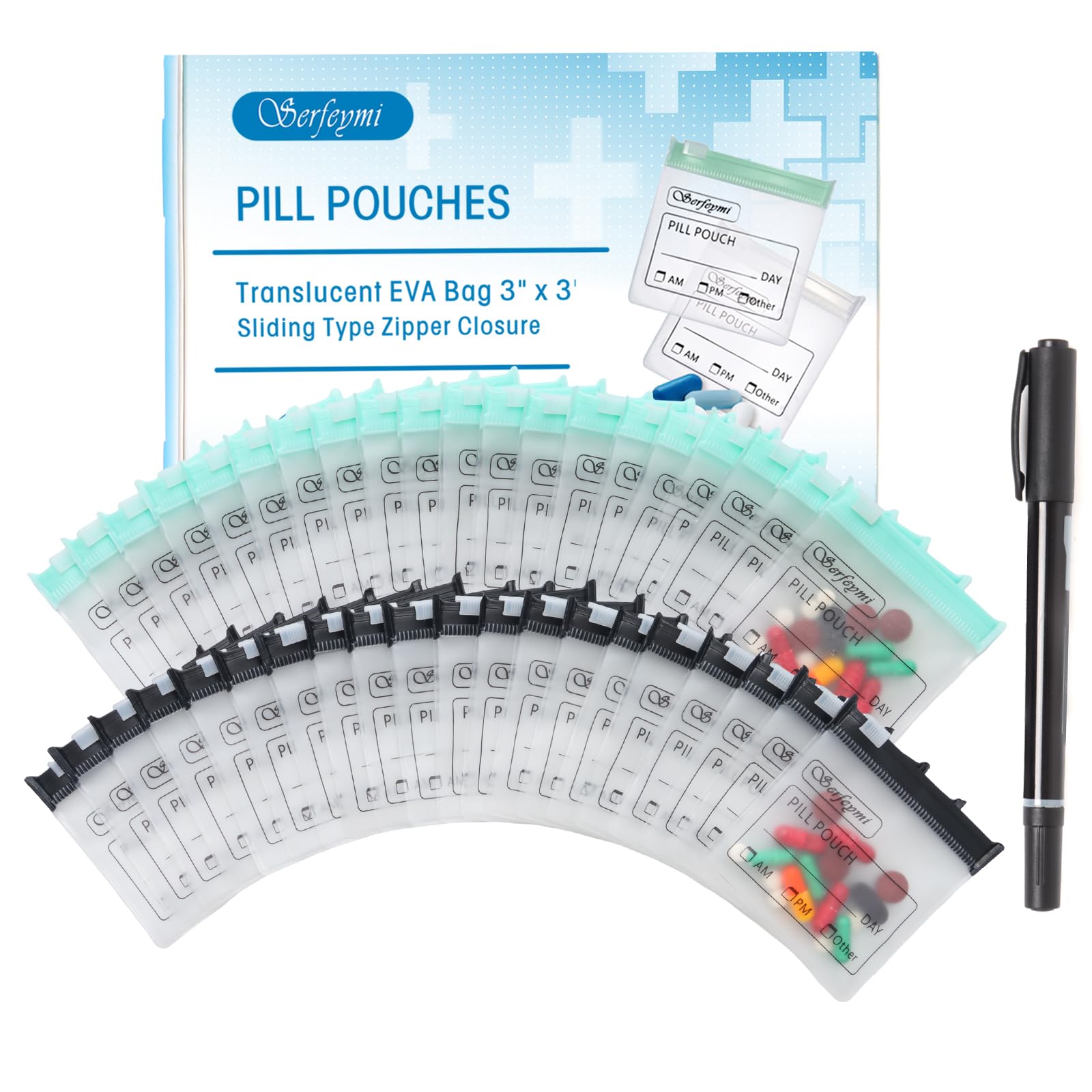 Serfeymi 48 Pcs Pill Pouches Bags for Travel 3 x 3 in 12 mil(Double Sided)