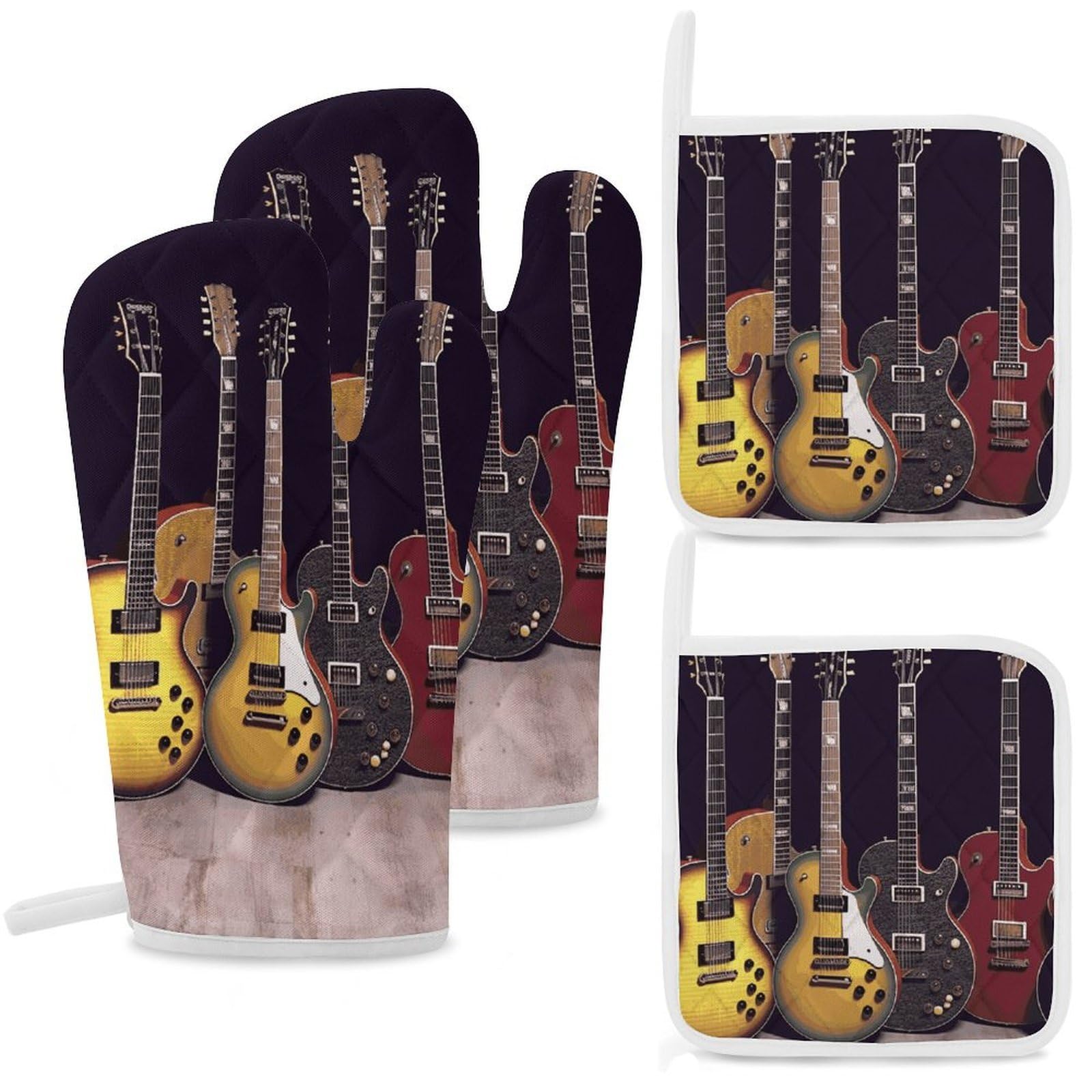 Guitar Collection Oven Mitts and Pot Holders Sets Heat Resistant Oven Glove with Hanging Loop for Baking Cooking BBQ Thicken Potholders for Kitchen