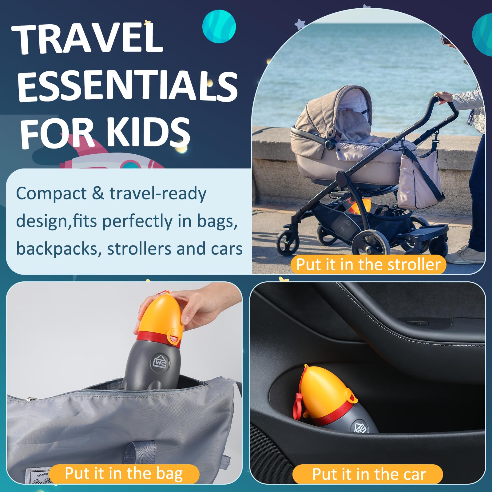 ONEDONE Portable Urinal for Kids Rocket Pee Bottle for Kids Emergency Toilet Urinal for Toddlers Boys Girls 12.5 OZ Small Pee Cup for Kids Camping Car Travel Potty Training Baby Urinal Orange - 5