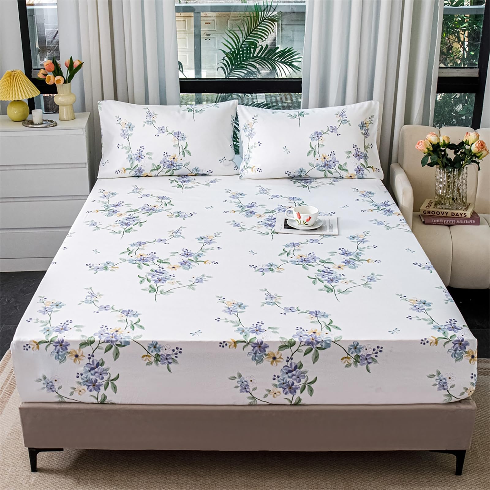 Elegant Printed Bed Sheets Breathable Elastic Fitted Sheets Fully Covered Brushed Bed Covers Synthetic Dust-Proof Bed Sheets,K,140x200cm(55x79inch)