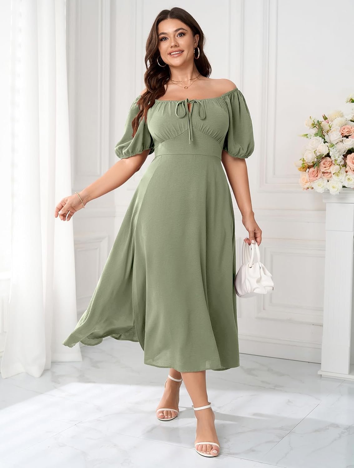 Women's Plus Size Summer Dress Short Sleeve Square Neck Milkmaid Dress Tie Front Split A-Line Maxi Long Dresses