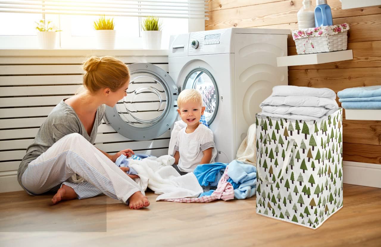 2 pack 75L Large Laundry Basket Green Laundry Hamper With Extended Handles, Freestanding Waterproof Clothes Hamper for Boys,Kids woodland decor, Nersery,Bedroom, Bathroom.(Green tree)