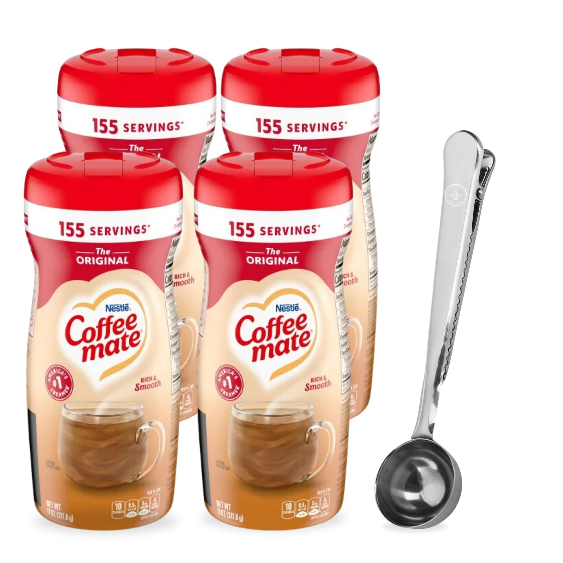 Original Powdered Coffee Creamer, 11 oz Canister (4-Pack) – Non-Dairy, Lactose-Free, Kosher – Includes Direct Coffee Tea Est 2019 Barista Spoon with Clip
