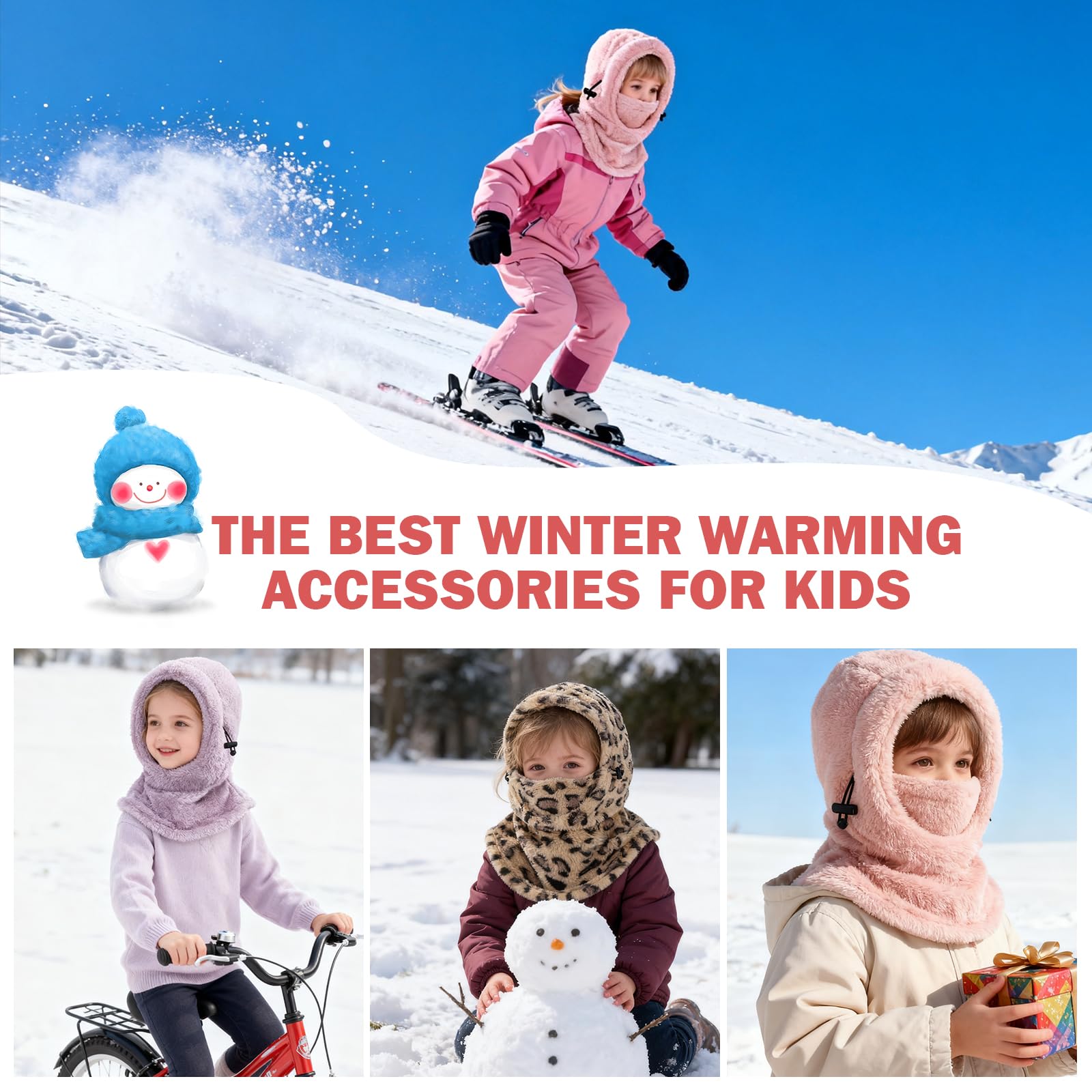 Pasamontañas Térmico de Invierno Niños 3-9,Multifuncional Prueba de Viento Ajustable Máscara De Esquí Ciclismo,Sombreros Gorro Forro Polar Cálido,Calentador de Cuello Mascarilla para Niños Niñas