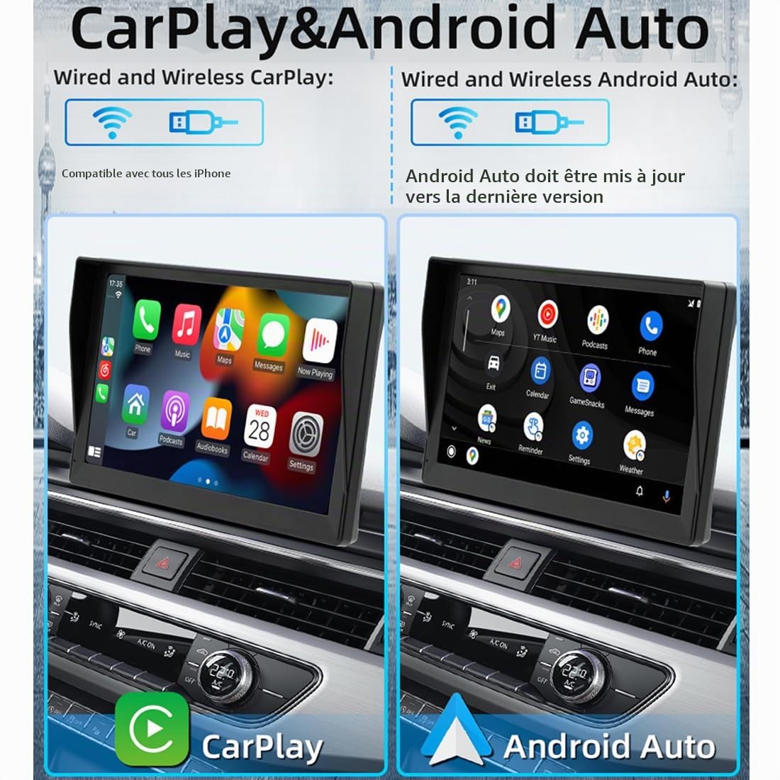 Autoradio portable sans fil CarPlay et Android Auto avec pare-soleil, moniteur à écran tactile 9" Bluetooth Auto stéréo avec caméra de recul, DVR, lien miroir/transmetteur FM/AUX véhicule 12 V-24 V