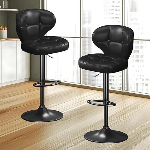 Miniatura 7 de Juego de 2 taburetes de bar, sillas de bar giratorias ajustables con respaldo y reposapiés, modernos taburetes tapizados de piel sintética para isla